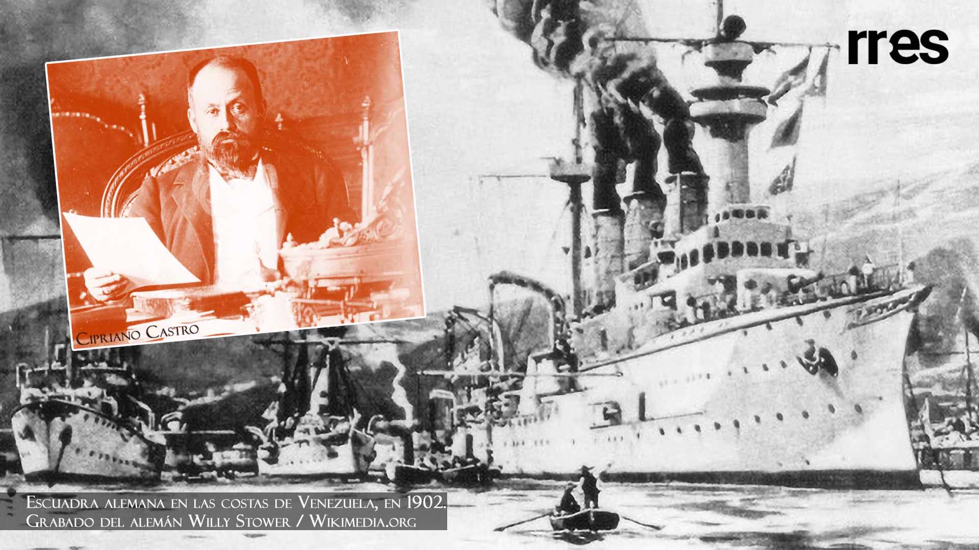 #CrónicasDeMilitares_Castro entre los peligros y el amor, por Elías Pino Iturrieta. Grabado del bloqueo naval a Venezuela en 1902.