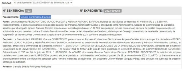 Sentencia del TSJ para anular las elecciones en la Universidad de Carabobo. 13 de noviembre del 2023. Cortesía: El Carabobeño