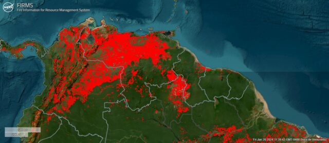 Focos de calor en Venezuela entre el 19 y el 26 de enero. NASA