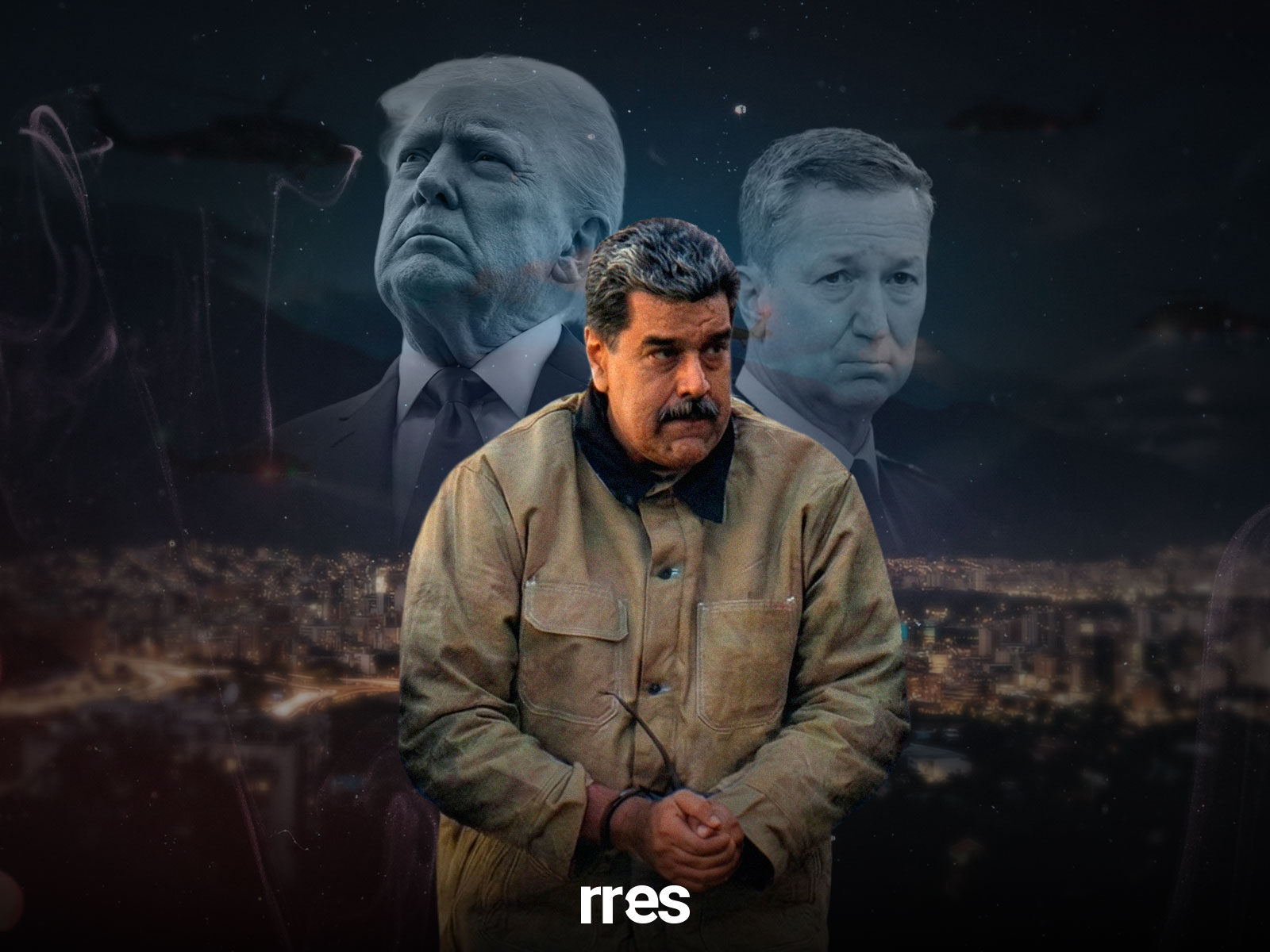 Maduro preso luego de que lo capturaran en su búnker. Trump y Caine al fondo